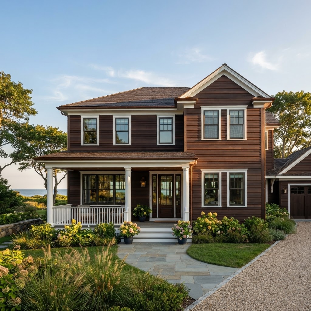 Traditional home exterior clad in Ipe hardwood bevel siding with classic clapboard shadow lines