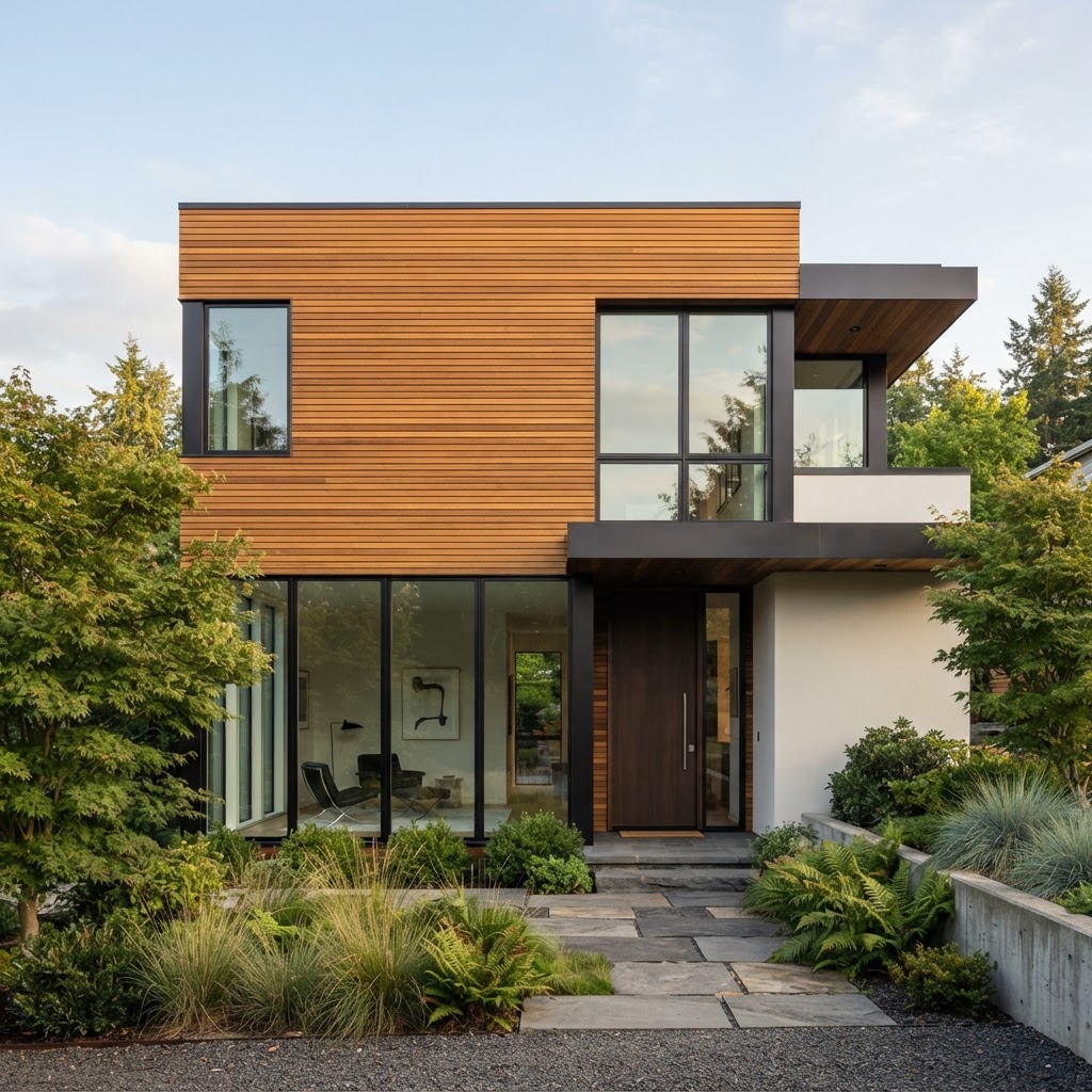 Modern home facade clad in Cumaru hardwood nickel gap siding with consistent reveal