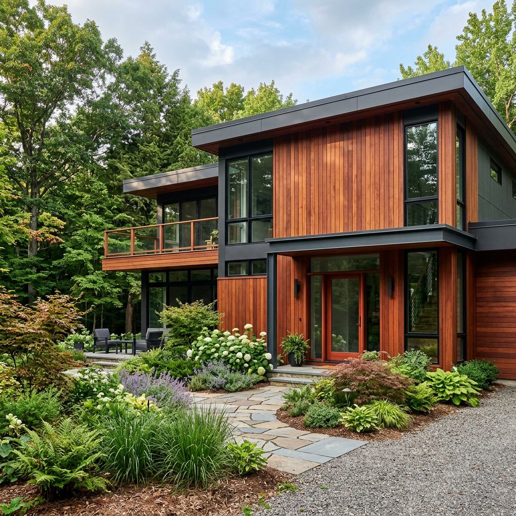 Red Balau hardwood siding installed on exterior facade