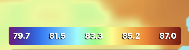 The SatFish sea-surface temperature legend, with the temperatures 79.7, 81.5, 83.3, 85.2 and 87.0 degrees Fahrenheit printed across a color bar that runs from purple through blue and cyan to green and orange