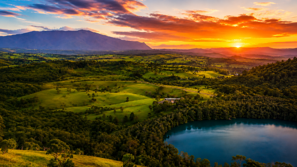Atherton Tablelands crater lake at sunset