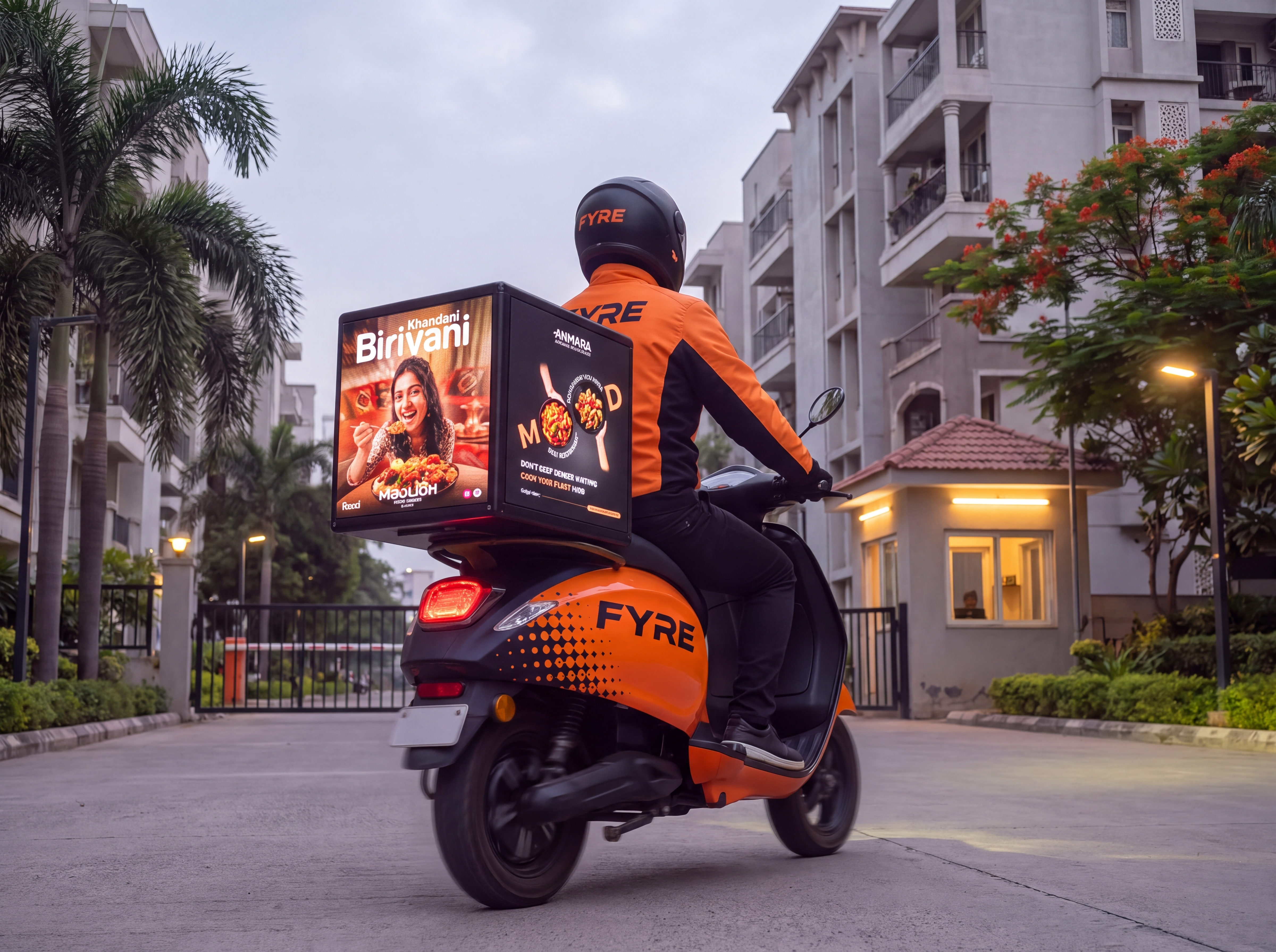 A Fyre screen moving through a residential lane or market street where no static digital site can go.