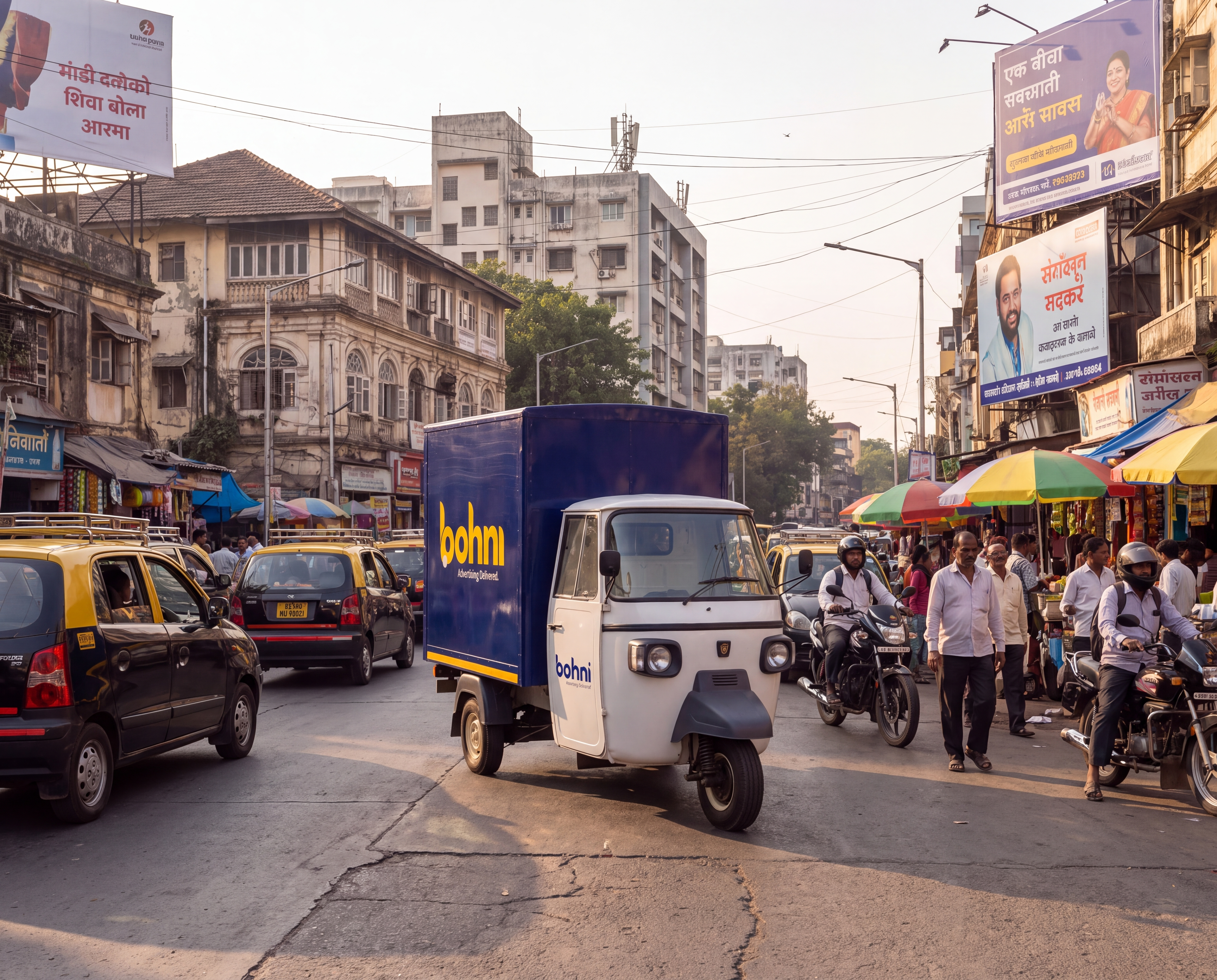 A branded Bohni three-wheeler moving through a busy market street.