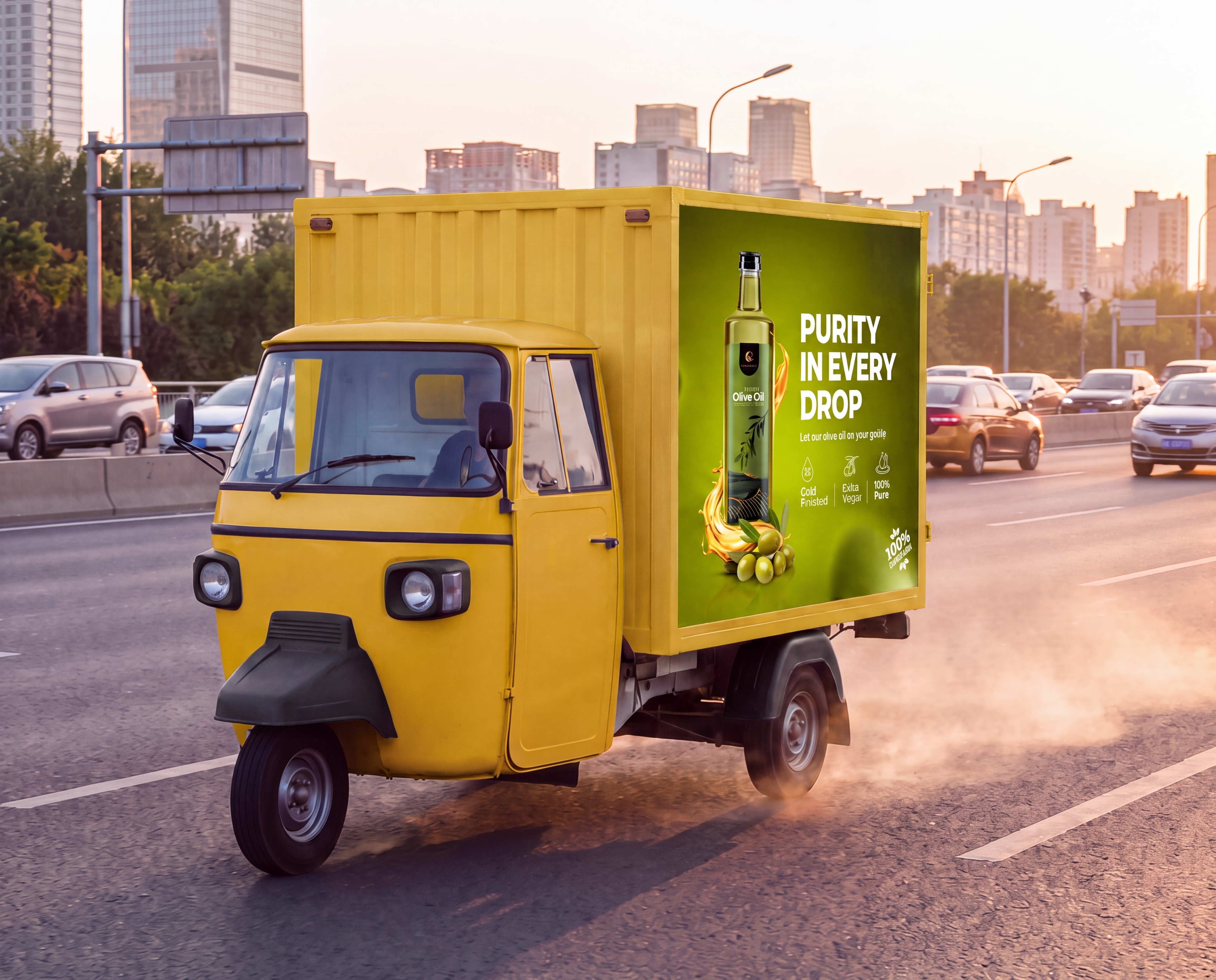 A branded Bohni three-wheeler operating in market with campaign creative on the panel.