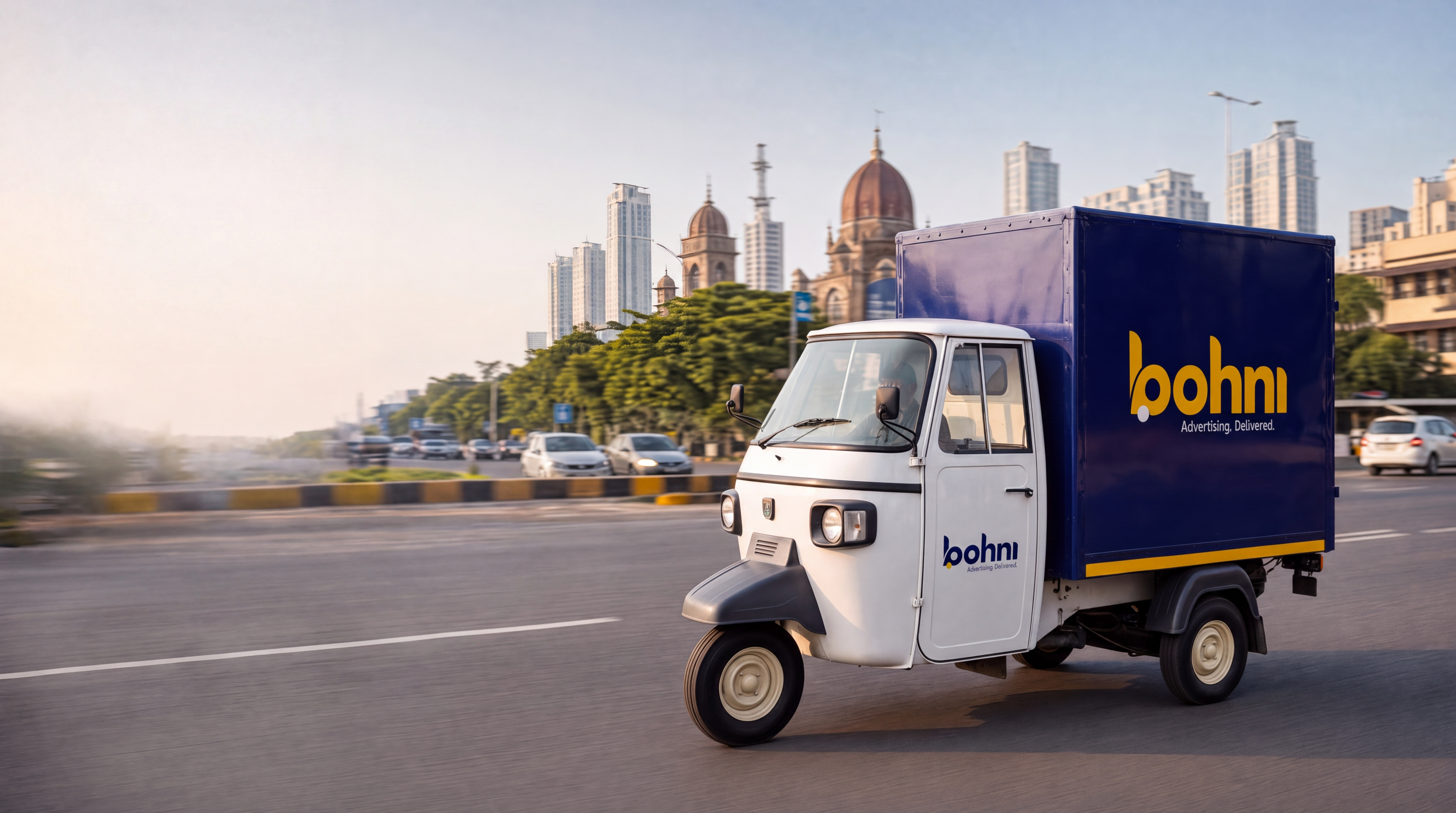 Bohni hero banner: wide frame of branded electric three-wheelers moving through a busy residential market street, creative fully readable, movement visible.