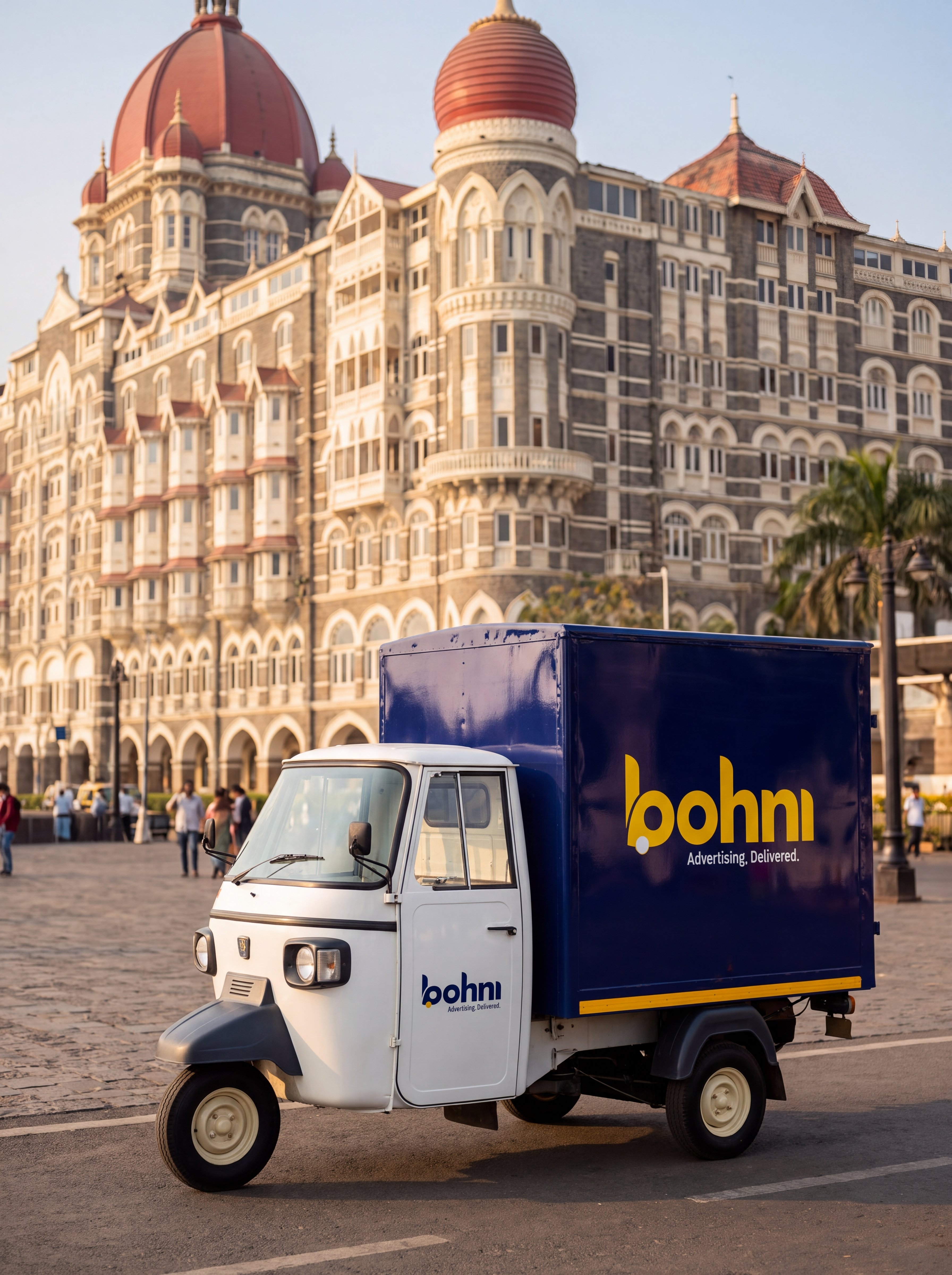 Documentary frame: a branded Bohni electric three-wheeler moving through a busy residential market street, creative fully readable. Same camera angle as the other two.