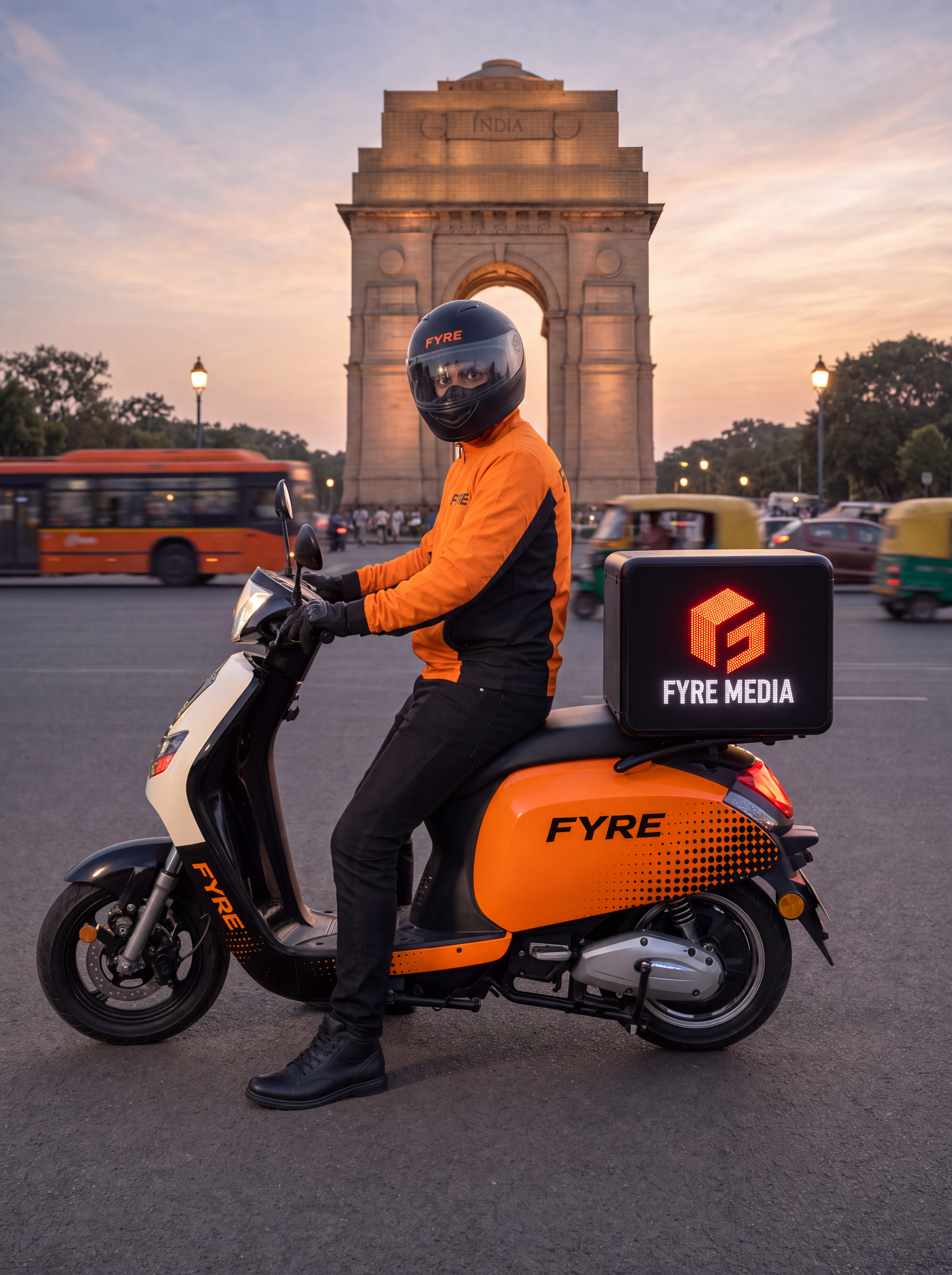 Documentary frame: a Fyre digital screen on a working delivery vehicle in an evening commercial corridor. Same camera angle as the other two.