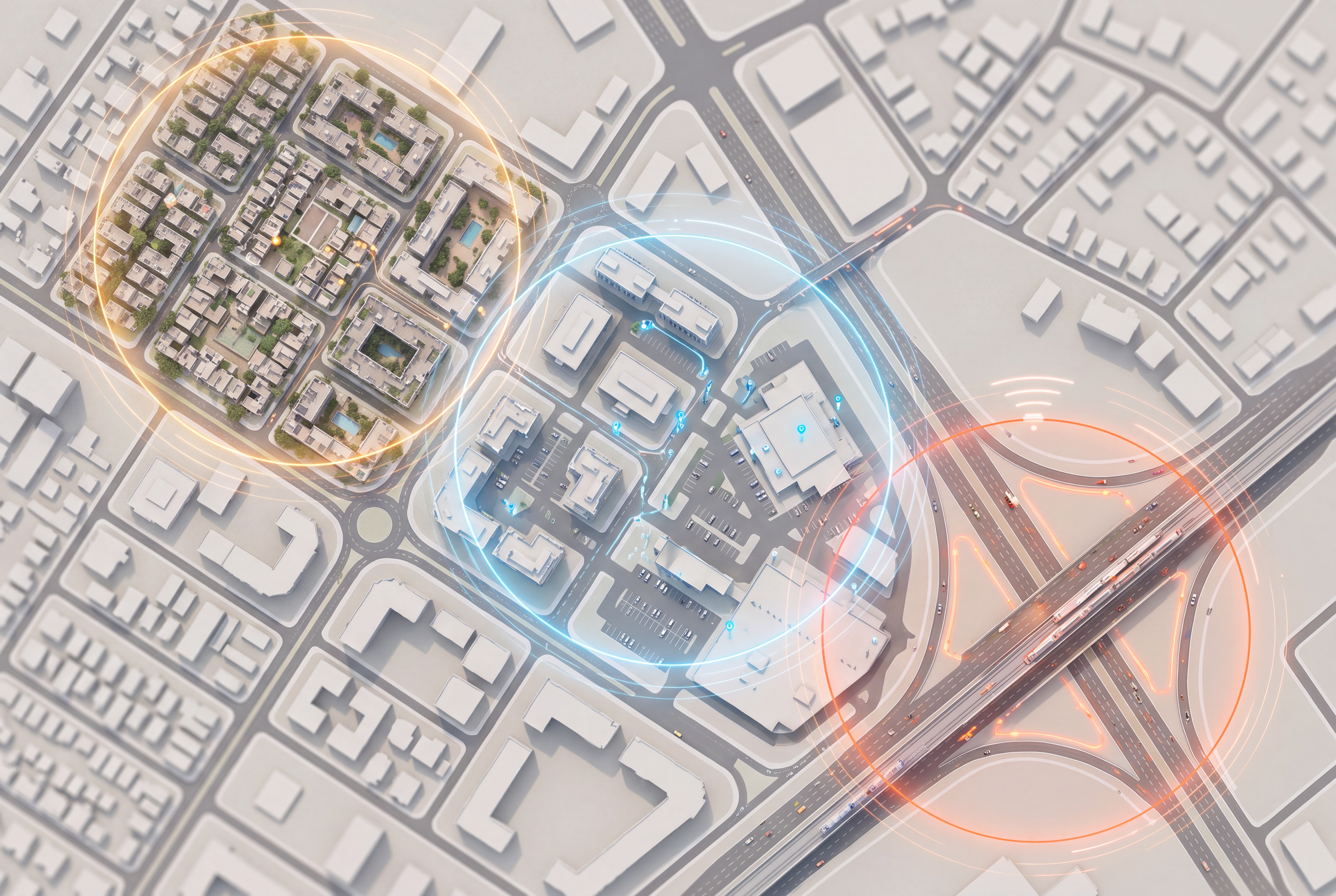 Overhead city map resolving into three real micro-markets: a residential cluster, a commercial catchment, a transit corridor.