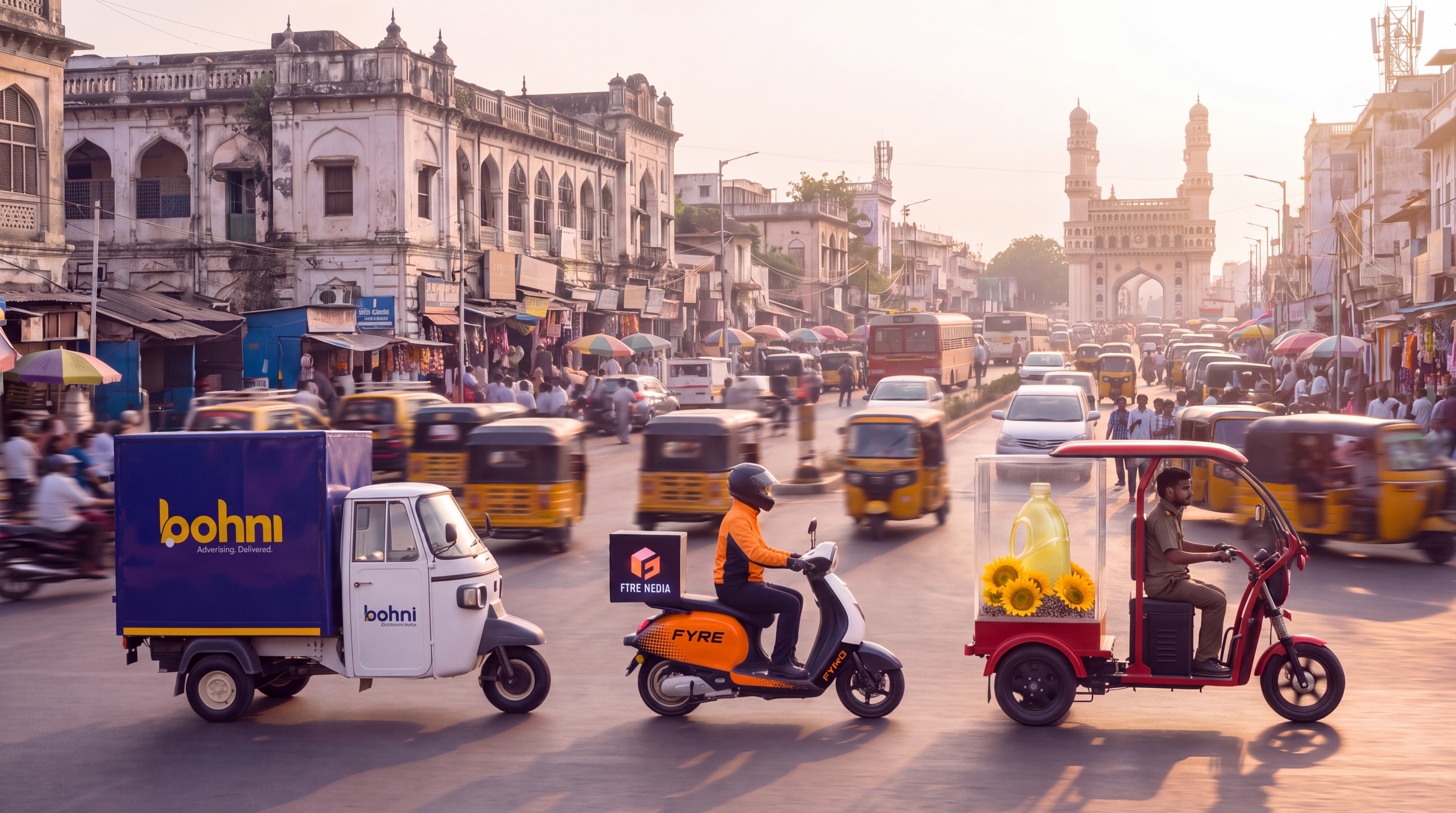 Home hero banner: one wide cinematic real-street frame of a live Zoco campaign in a neighbourhood at golden hour – vehicles, screen and activation all readable in one composition. Space on the left for headline overlay.