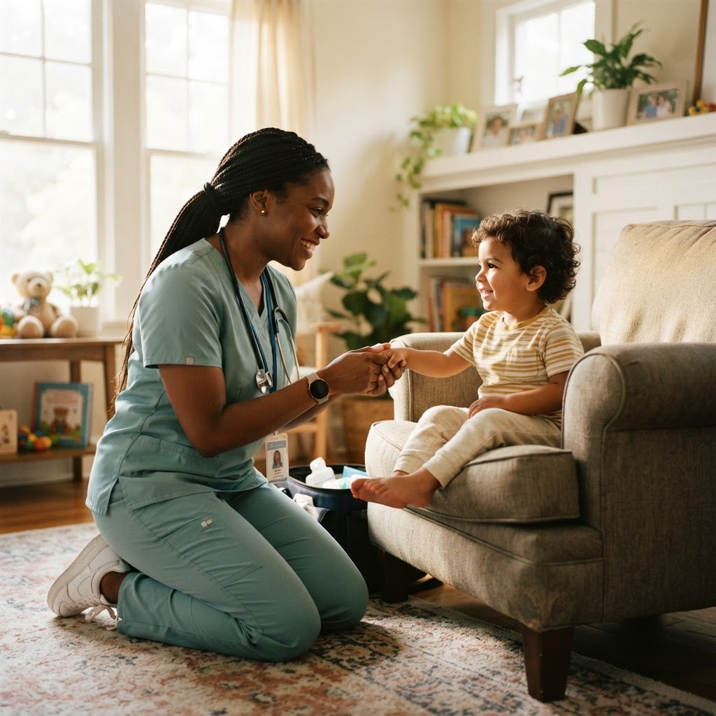 Diverse pediatric home health nurse caring for a child