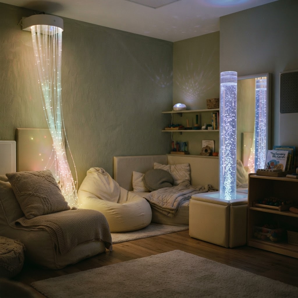 Sensory room in a children's residential home with soft lighting and padded seating