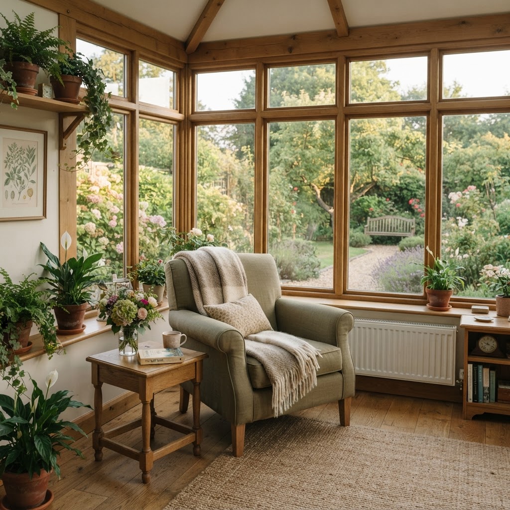 Peaceful hospice garden room with comfortable seating and views over a garden