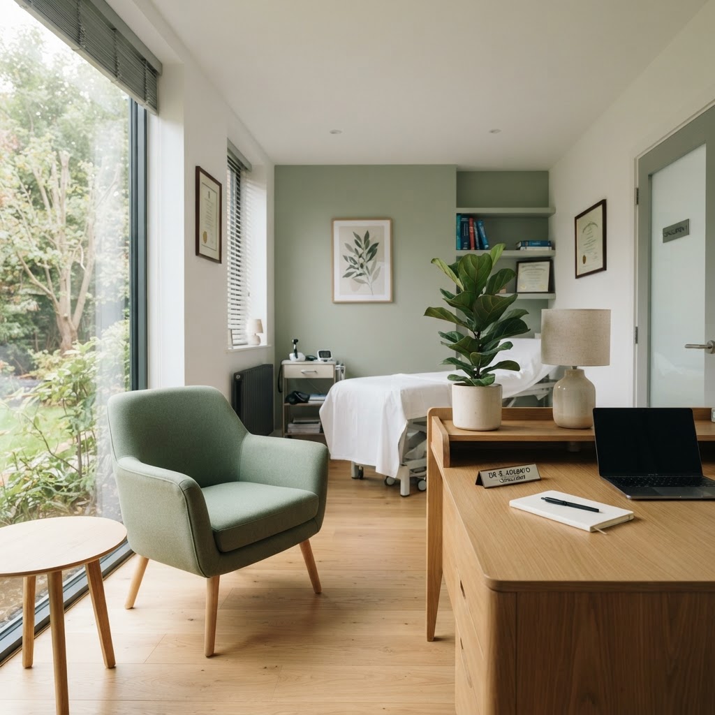 Modern private clinic consultation room with desk, patient chair and natural light