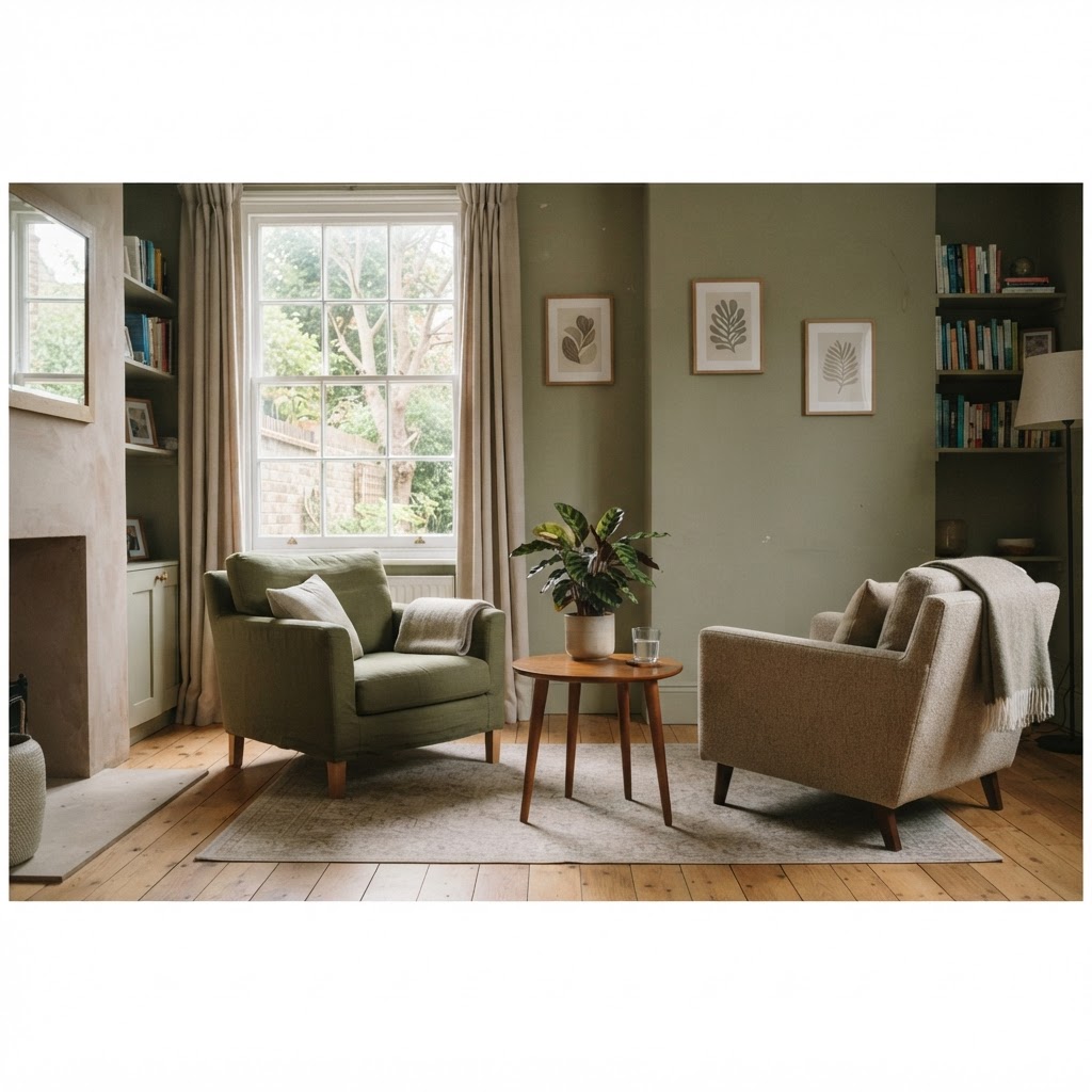Calm therapy and counselling room with two armchairs and soft natural light