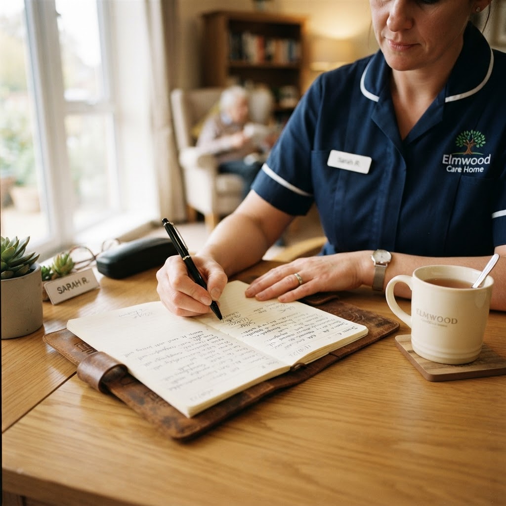 Care home staff member writing care notes at a desk