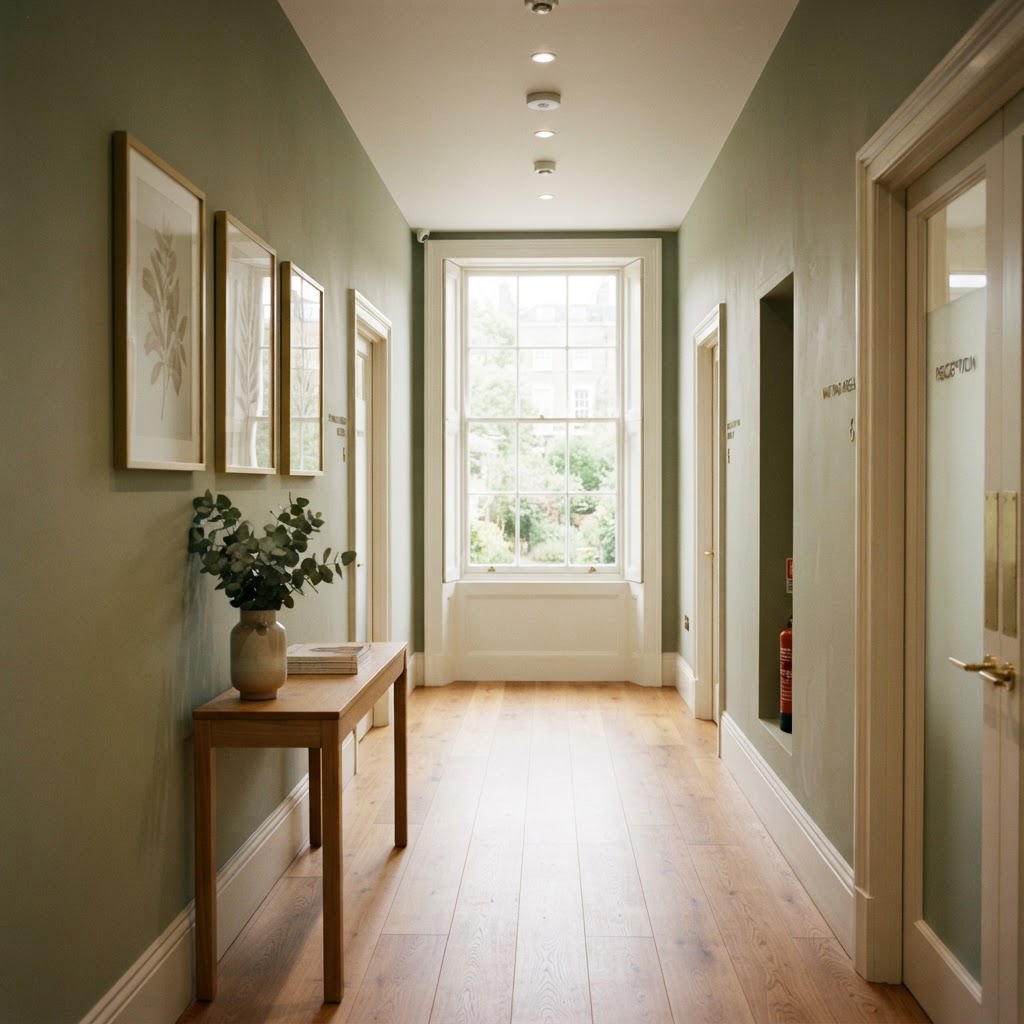 Bright private clinic corridor with natural light and sage green walls