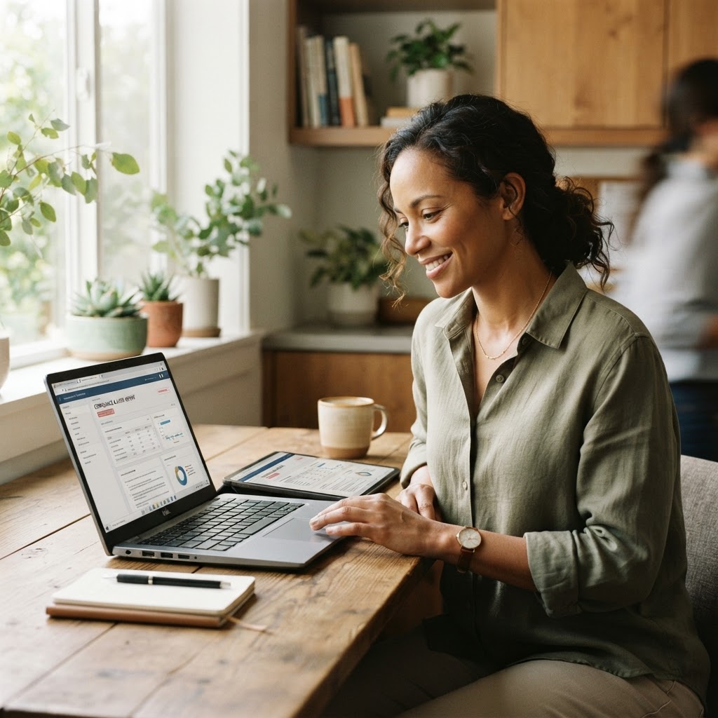 Healthcare professional reviewing compliance documents on a laptop in a warm, sunlit office