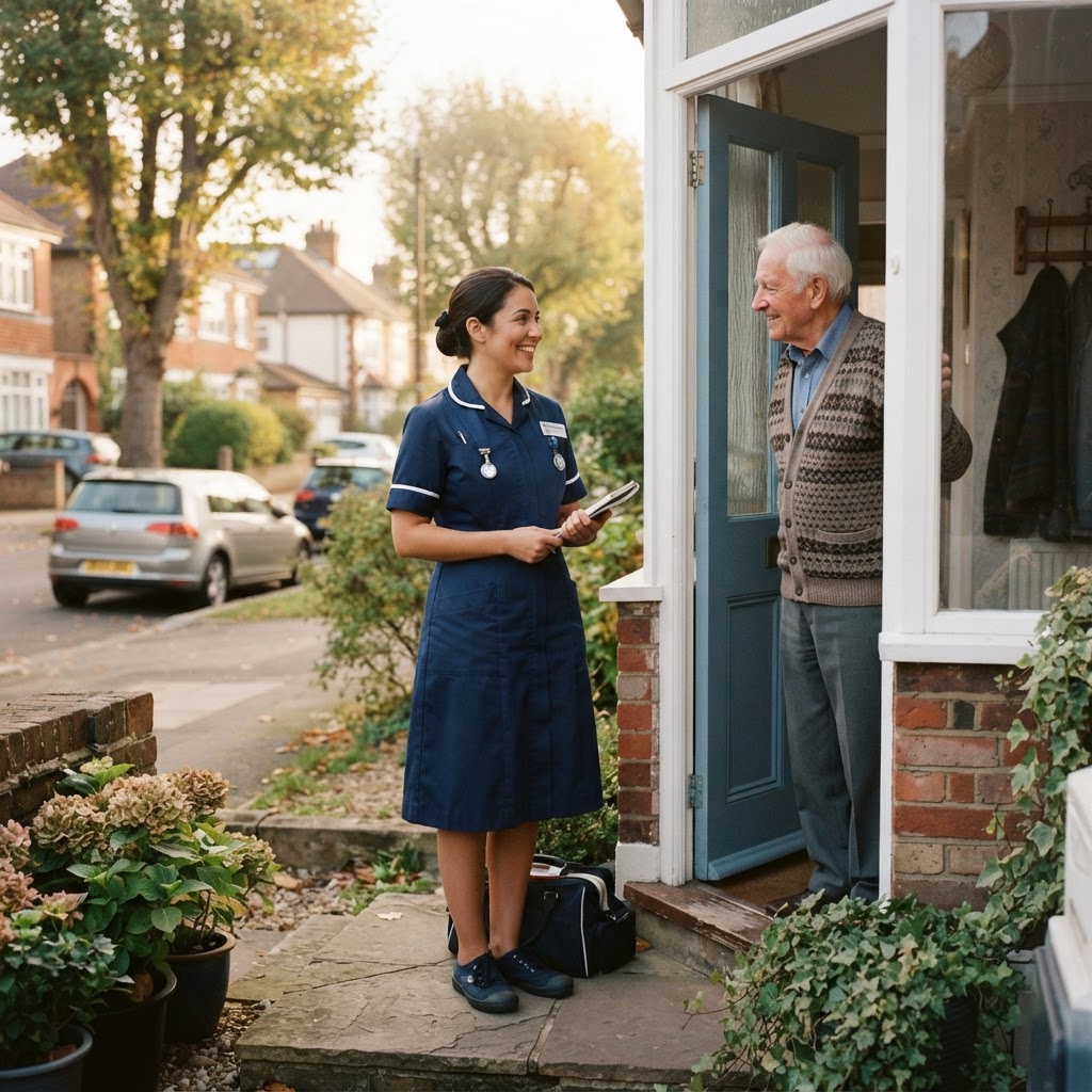 Domiciliary carer at a residential front door with a tablet