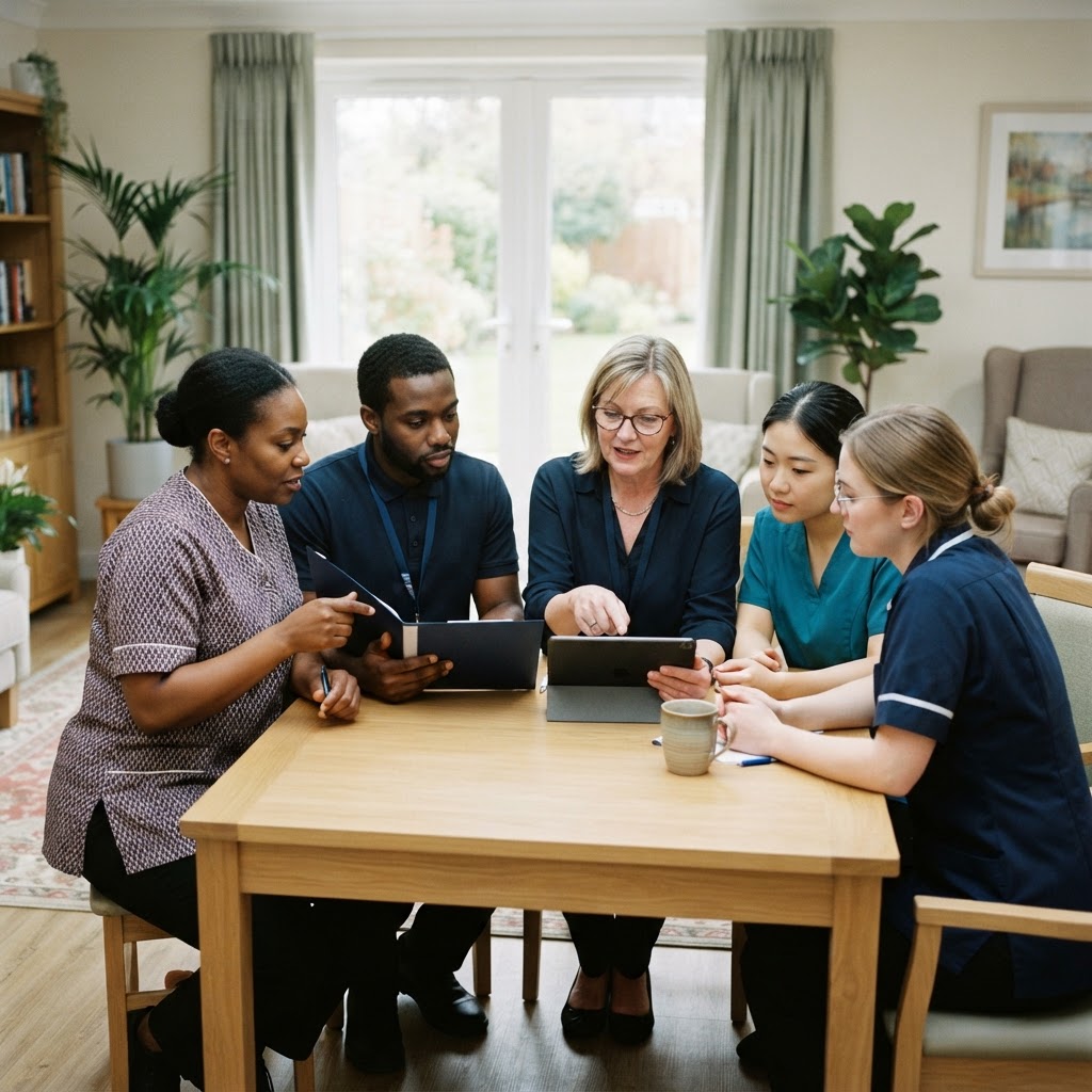 A care team and registered manager reviewing records together in a care home