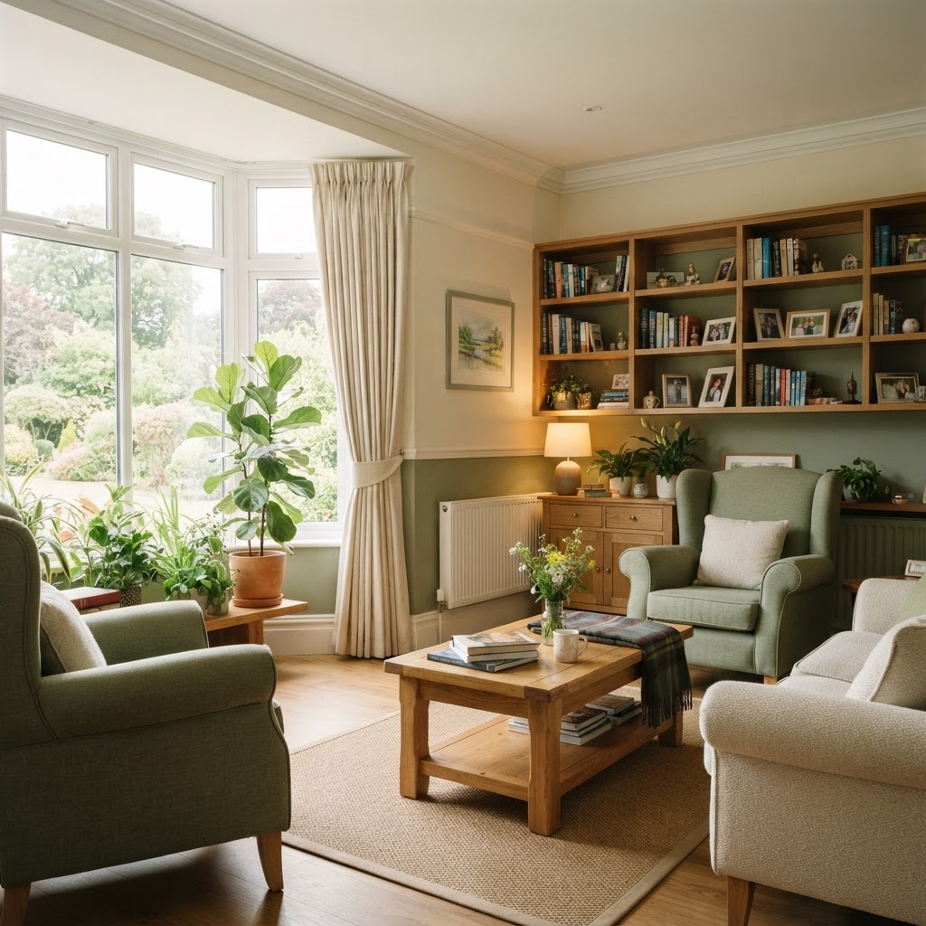Bright residential care home lounge with natural daylight and comfortable seating