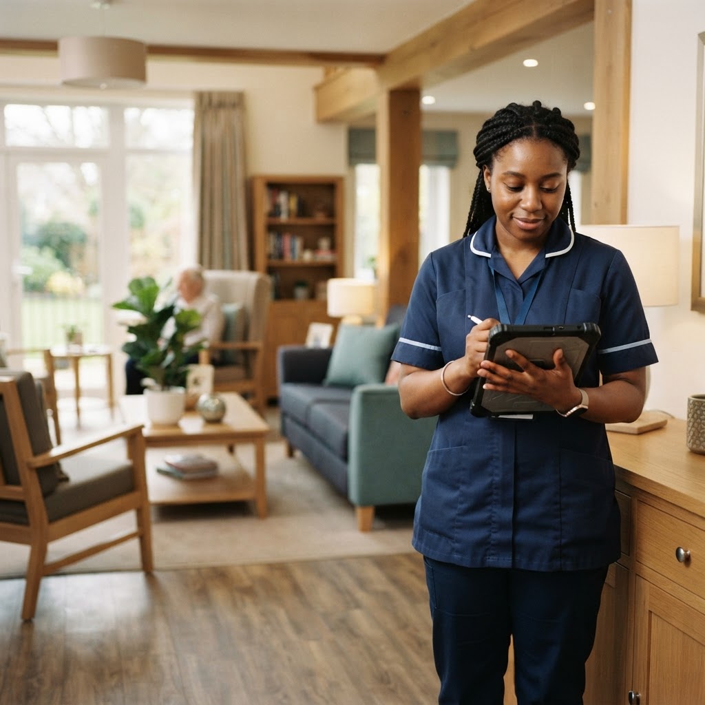 A care professional reviewing digital care records on a tablet in a UK care home