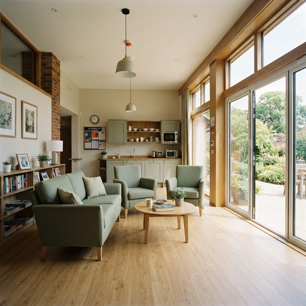 Modern supported living communal lounge with level access and garden views