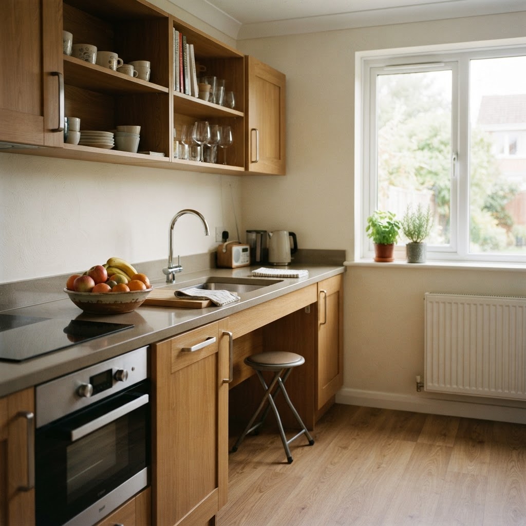 Accessible kitchen in a supported living apartment with adapted worktops