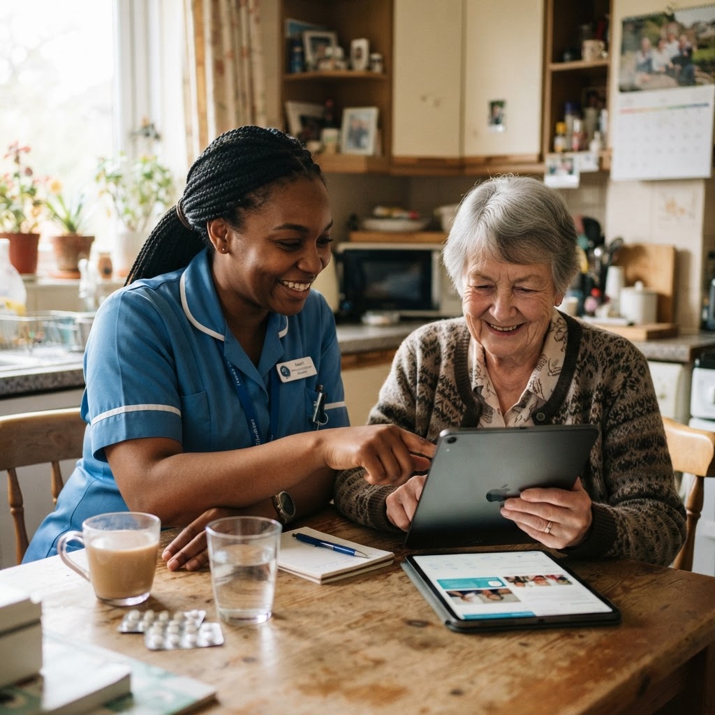 Domiciliary carer visiting an elderly person at home, sitting at a kitchen table