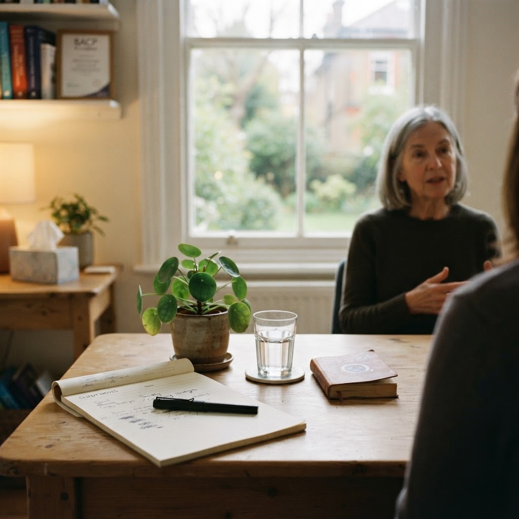 Mental health professional's desk with notepad and plant in a counselling centre