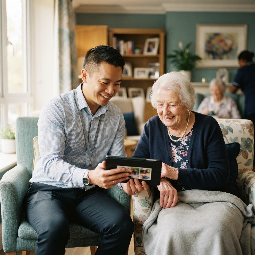 A care team leader showing digital care records on a tablet to a resident