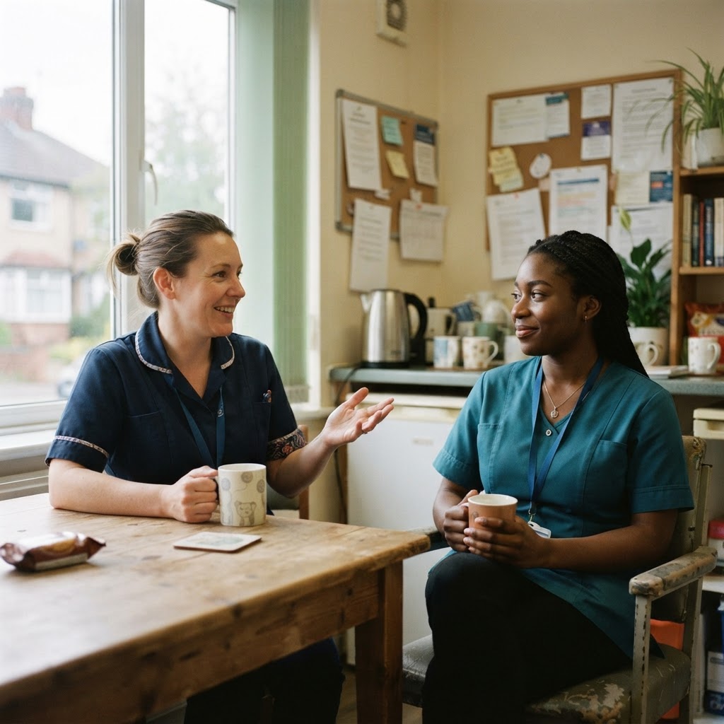 Two care workers talking together during a break in a staff room