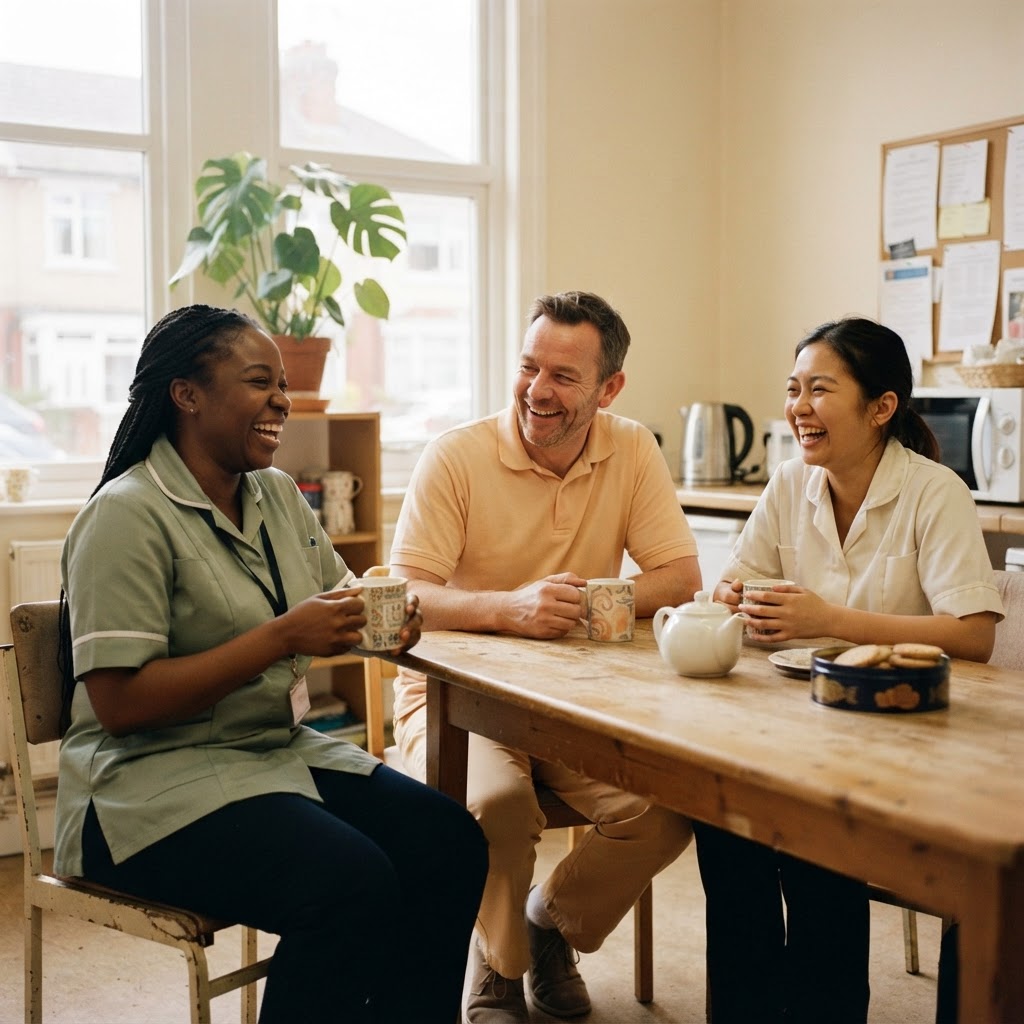 A diverse care team taking a well-earned break together
