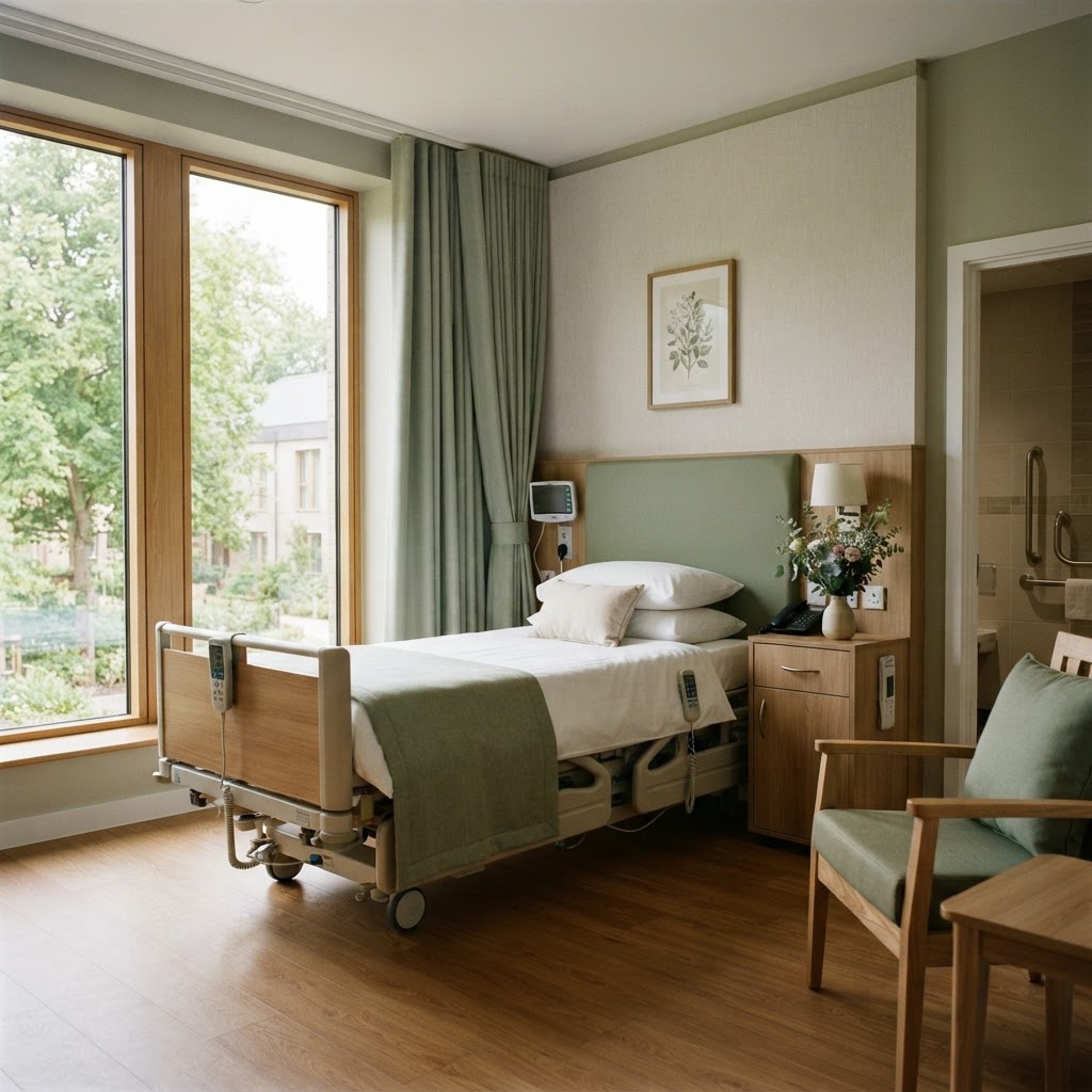 Modern patient room in an independent hospital with adjustable bed and garden view