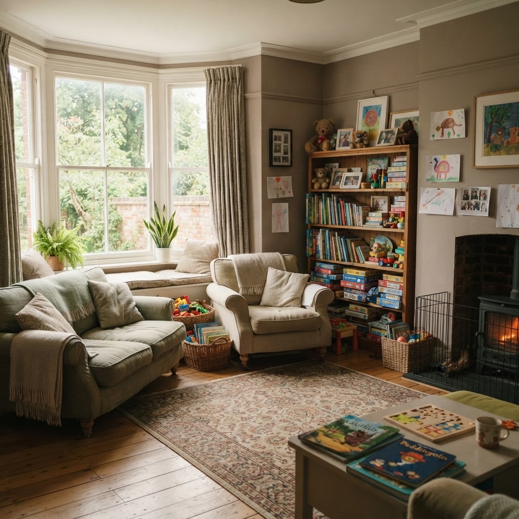 Warm, child-friendly residential home lounge with soft sofas and a bookshelf