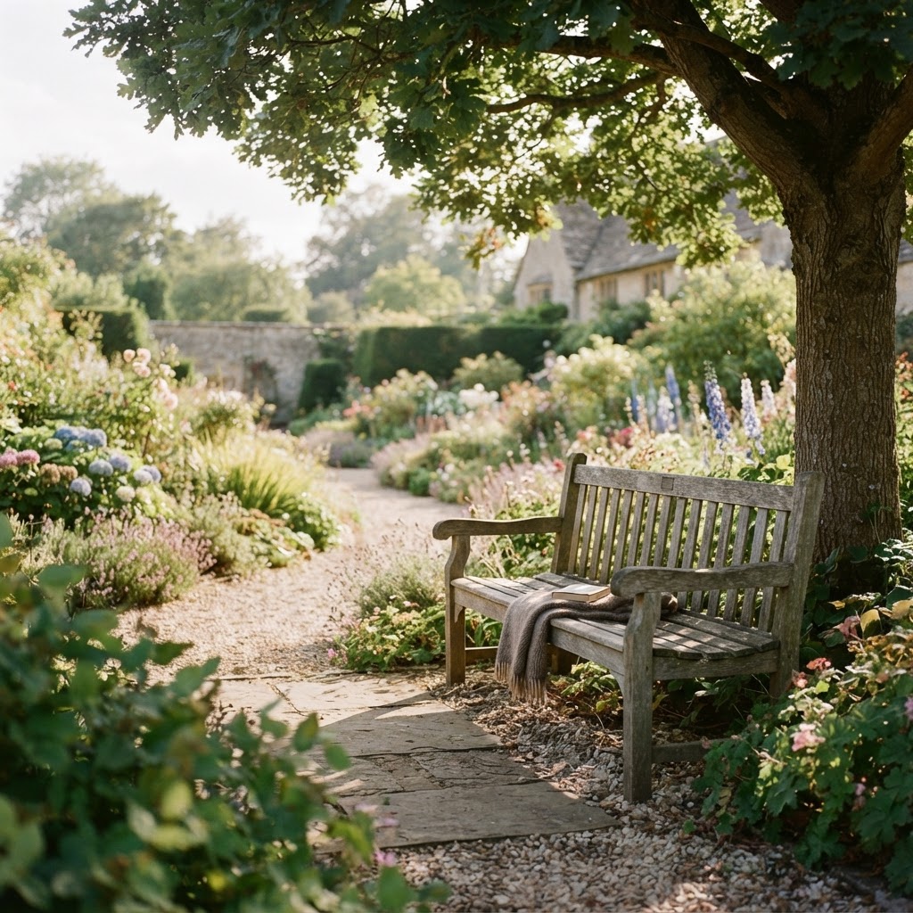 Peaceful hospice garden bench under a tree with dappled light