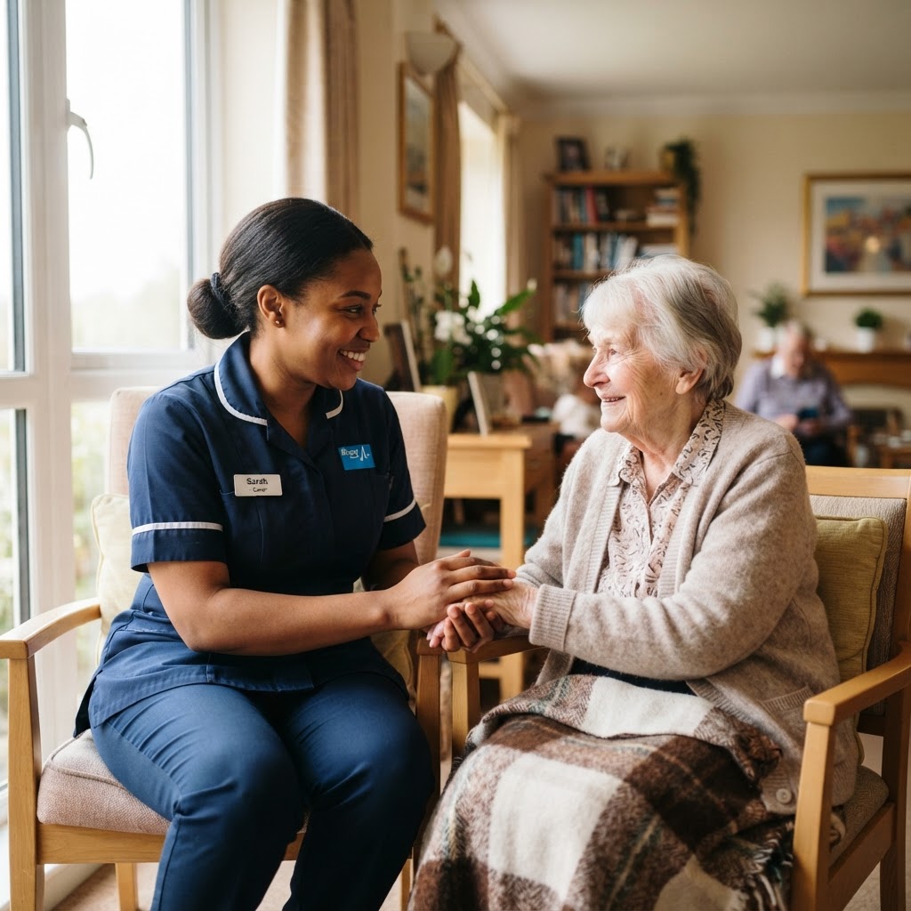 Care worker with patient in a warm home setting