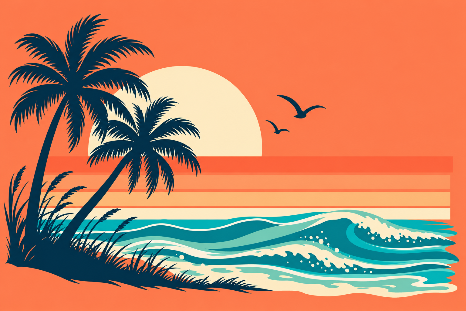Retro beach sunset with palm trees