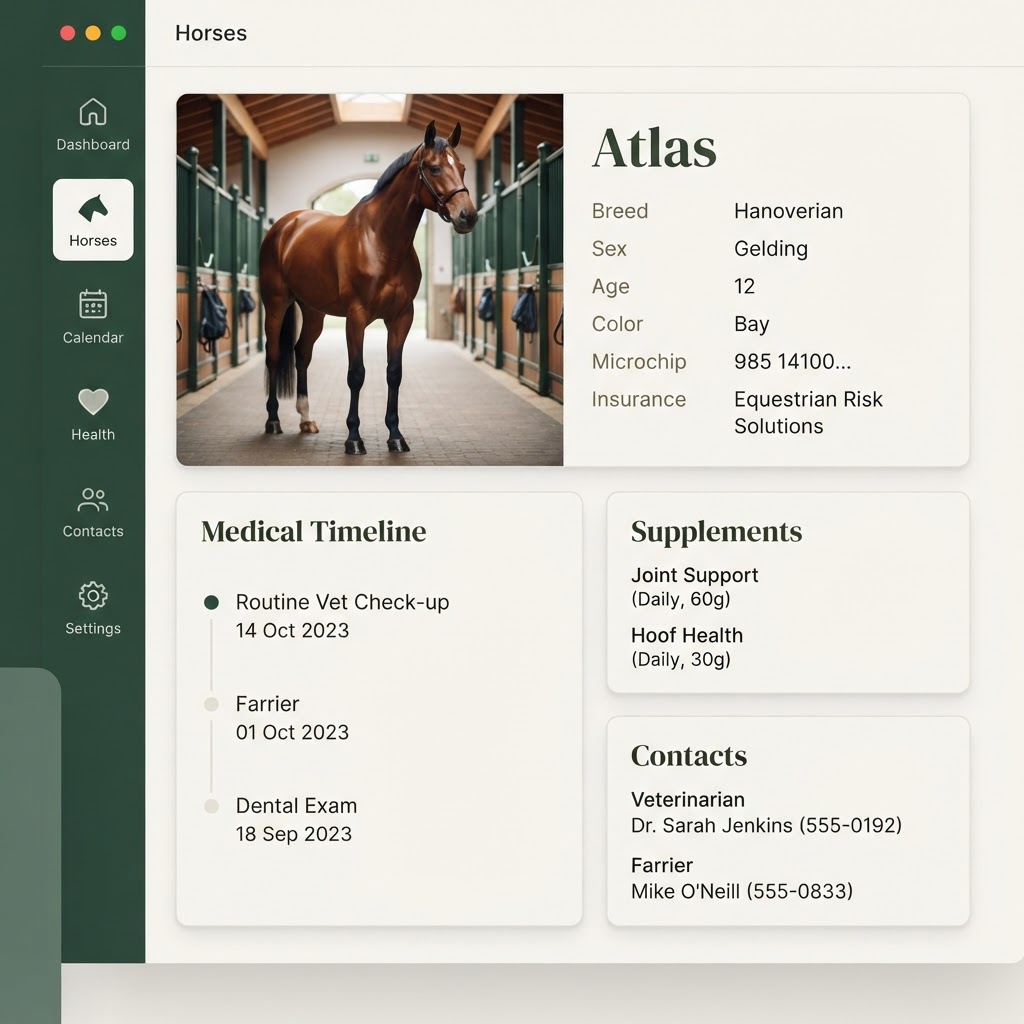 BarnPilot horse profile — medical timeline, care calendar, and supplements