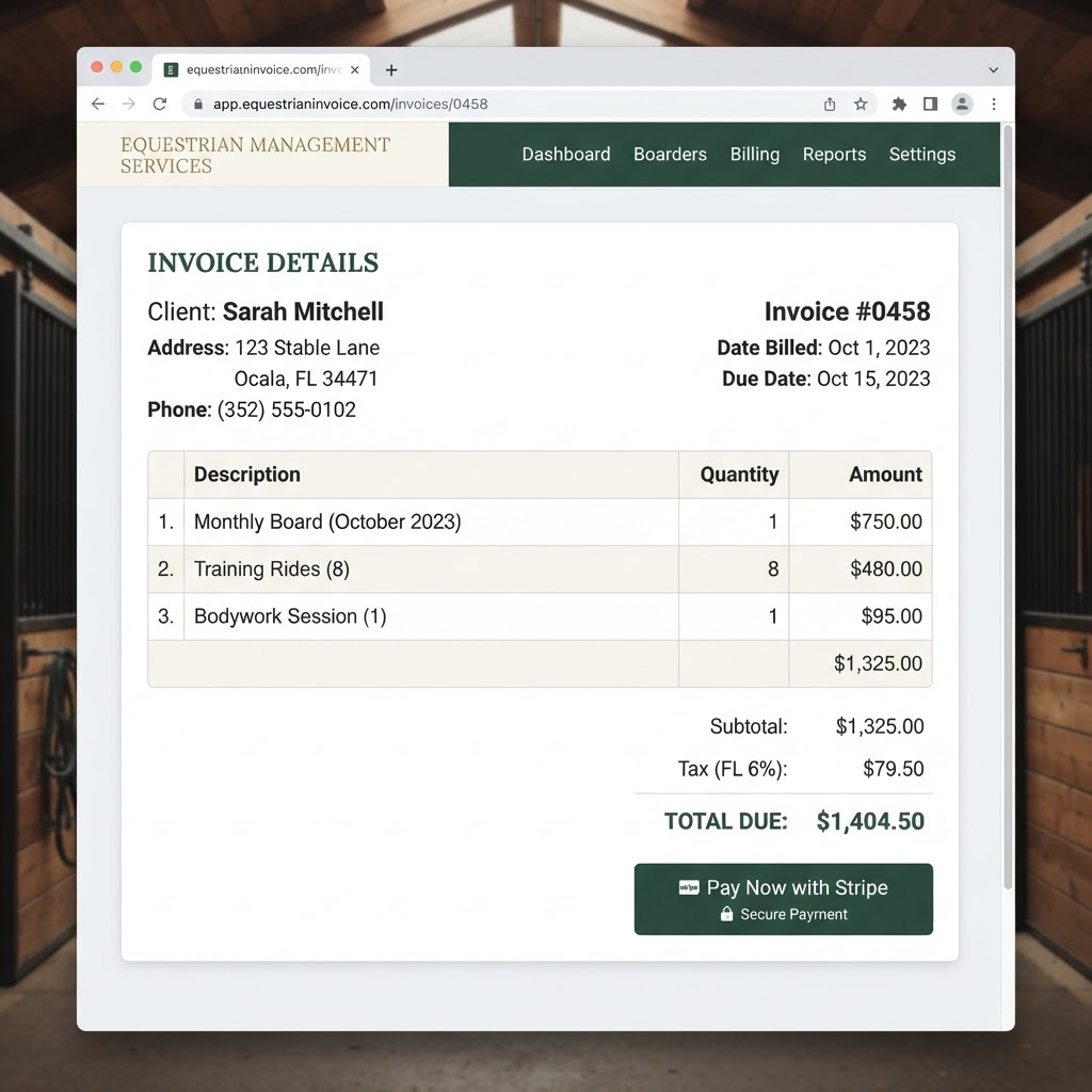 BarnPilot invoice view — line items, Stripe checkout, and past-due status