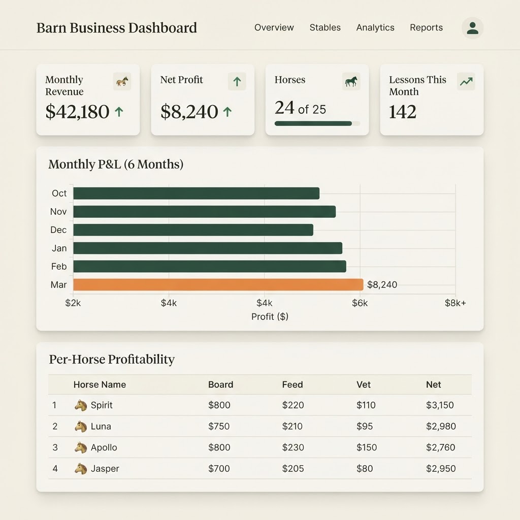 BarnPilot analytics dashboard — KPIs, P&L chart, and per-horse profitability