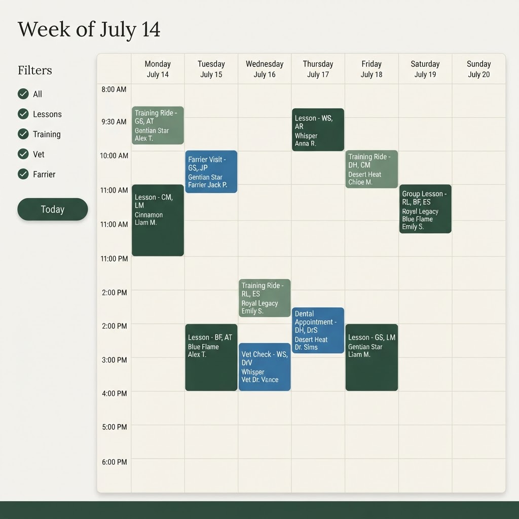 BarnPilot weekly calendar — color-coded lessons, training rides, and care appointments