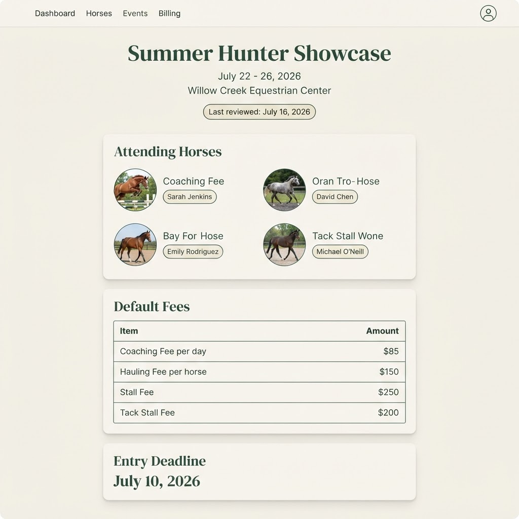 BarnPilot show detail page — attending horses, fees, and entry deadline