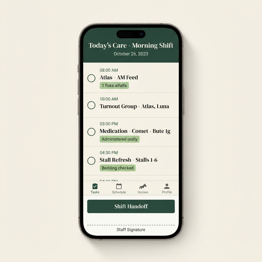 BarnPilot mobile app — daily care checklist with checkboxes and shift handoff