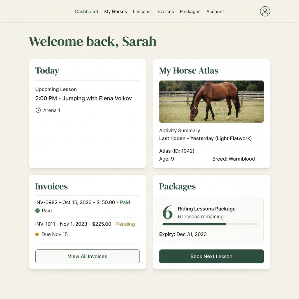 BarnPilot client portal — today's lesson, horse card, invoices, and packages