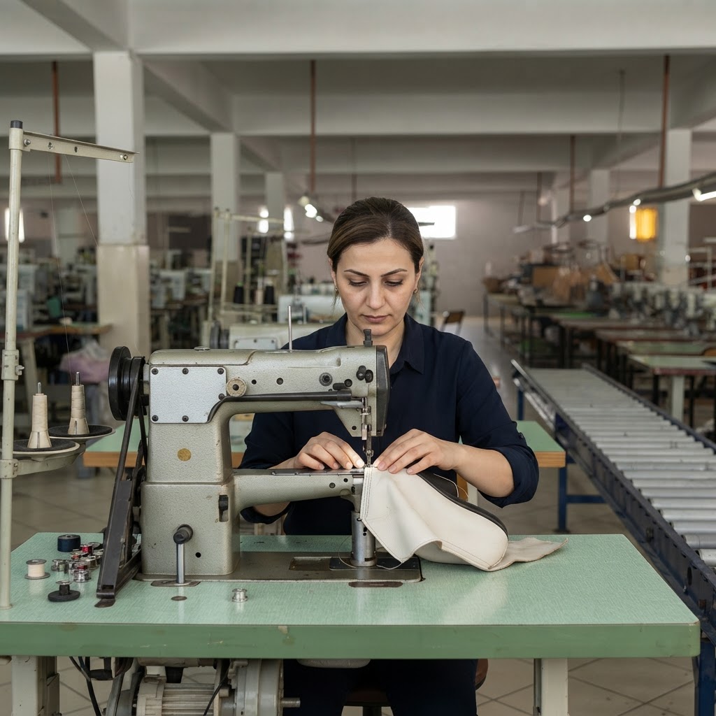 Enhanced photograph of shoe stitching at the NACER factory