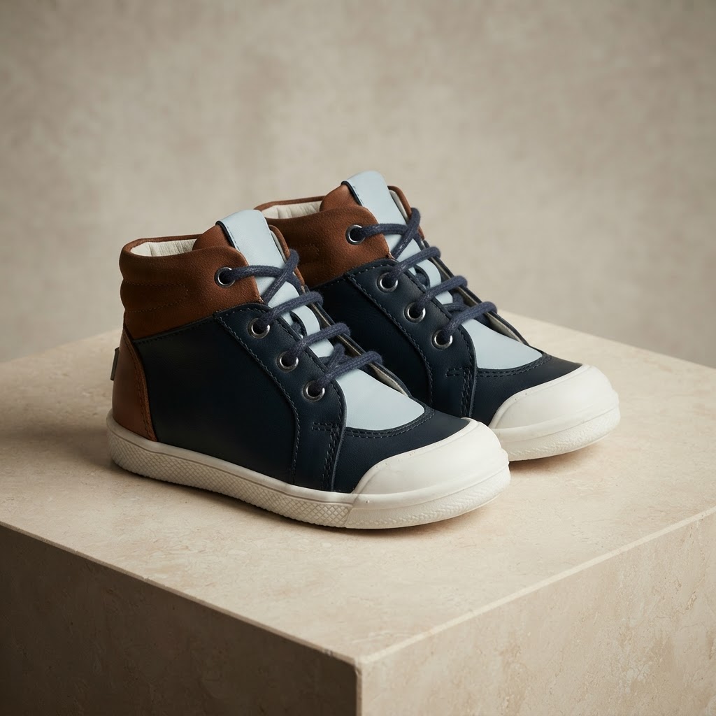 Editorial presentation of navy children’s shoes