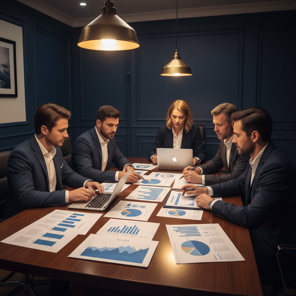 Virtual Finance Pro franchise accounting services team reviewing financial documents with franchise clients in a modern navy and gold office