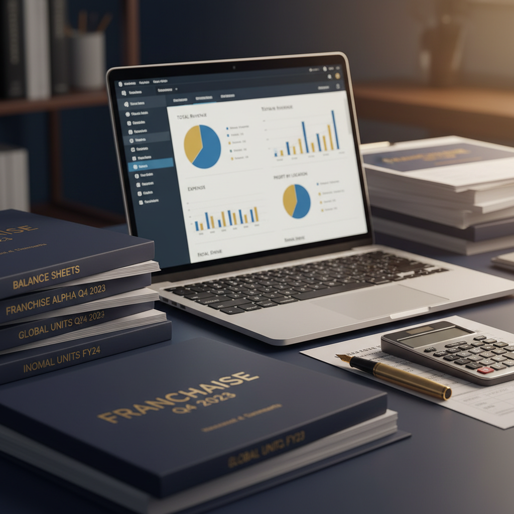 Franchise accounting services workspace with financial reports, QuickBooks dashboard, and multi-unit financial statements on a navy and gold desk