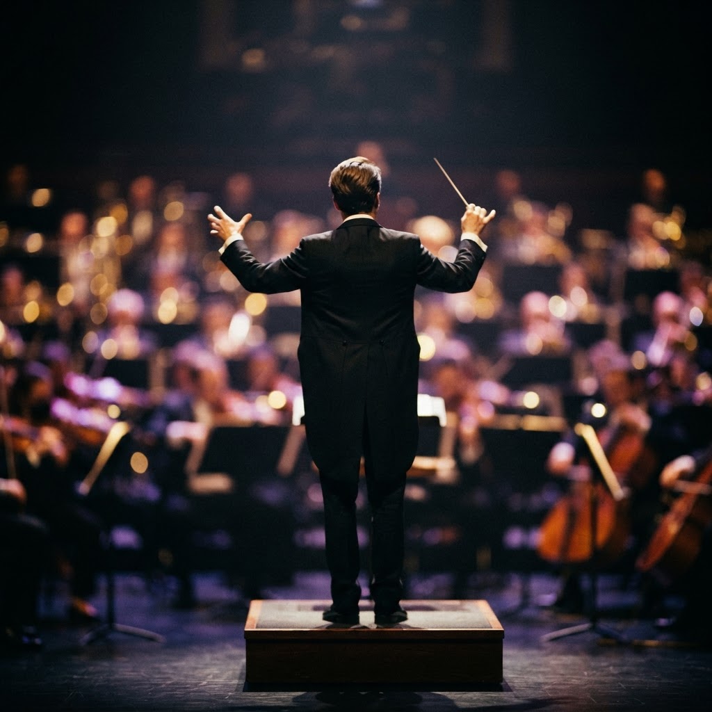 Conductor leading an ensemble under warm stage lights