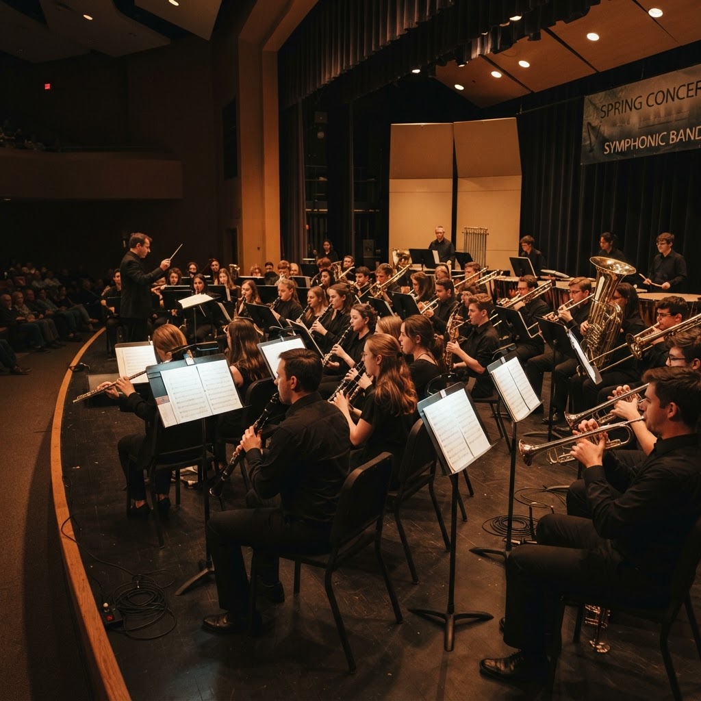 Concert band performing in an auditorium